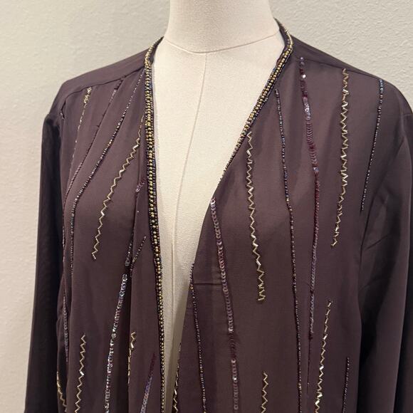 Roaman's Brown Embellished Beaded Sequin Duster Kimono 28 NEW Holiday Flowy - Picture 4 of 9